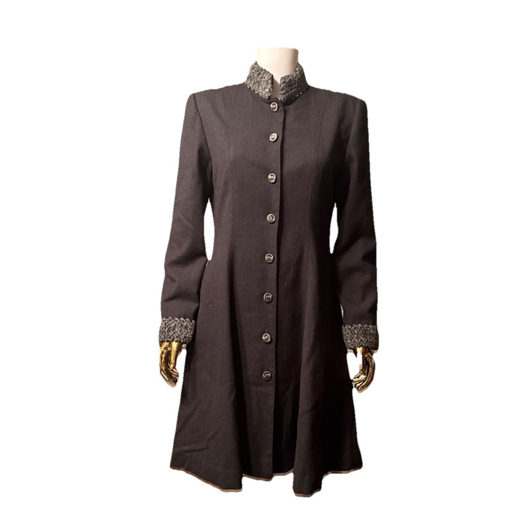 Chetta B Peter Noviello Wool Dress Coat Grey Boucle Trim Button Front Vintage 10